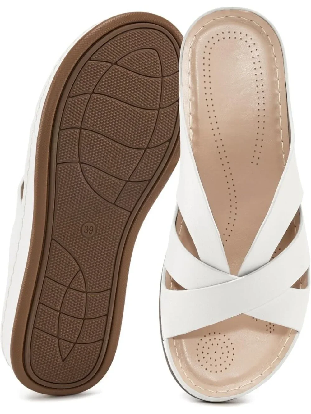 Women's White Faux Leather Summer Low Platform Slide Comfortable Walking Sandals